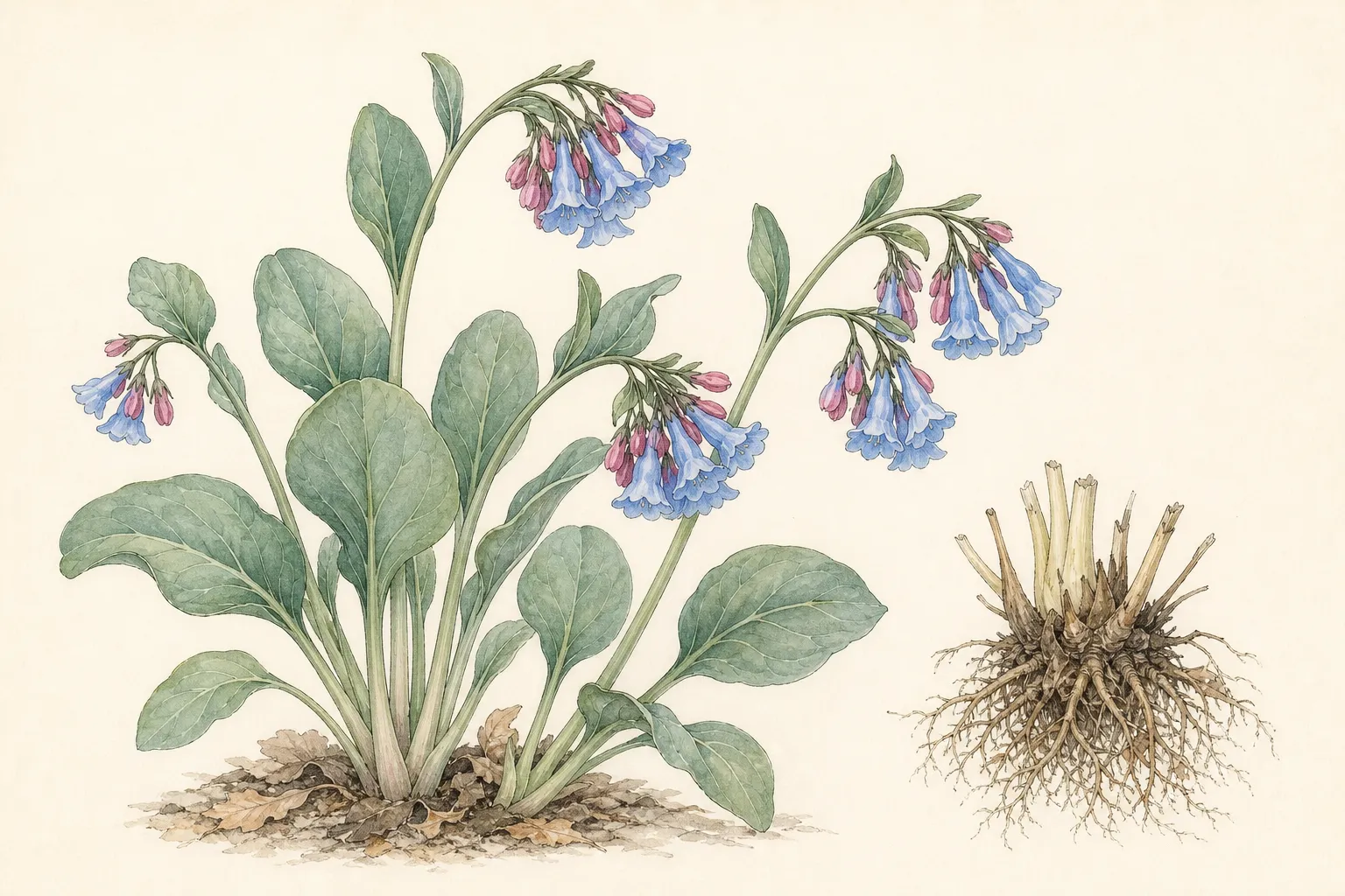 Mertensia virginica plate with smooth blue-green leaves, arching stems, pink buds, nodding blue bell flowers, and dormant crown