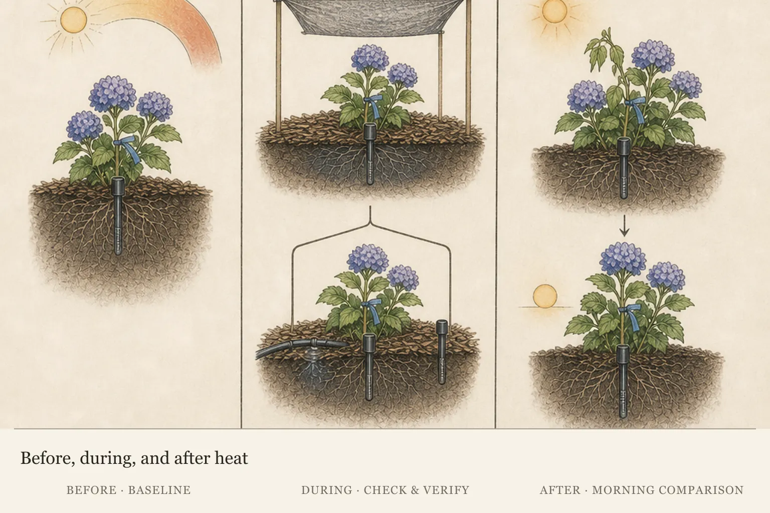 Heat-event watering decision card moving from forecast and baseline through soil verification to a next-morning comparison
