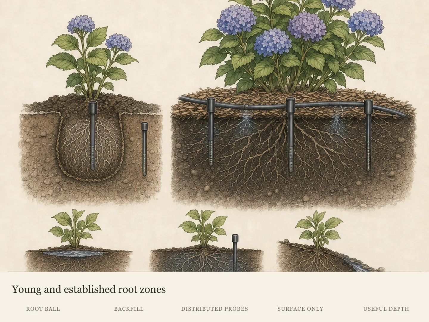 Hydrangea soil cross-sections comparing a young root ball and backfill with an established root area and distributed moisture checks