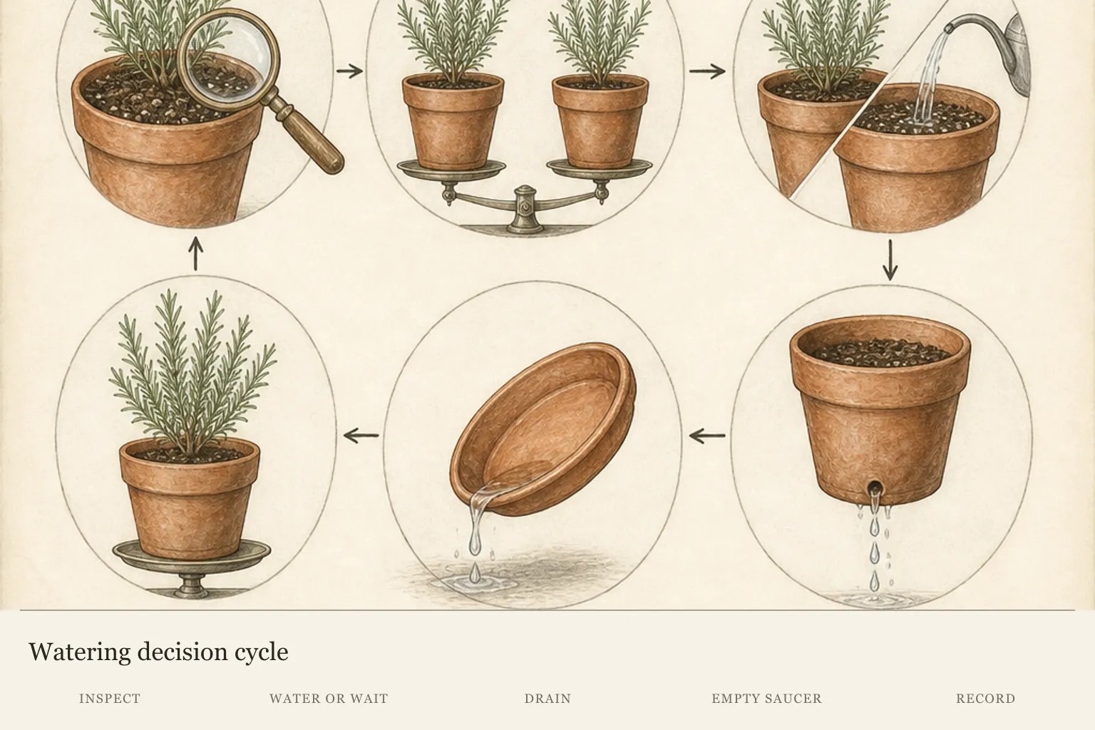 A rosemary container watering cycle moving from inspection through watering or waiting, drainage, saucer emptying, and a new baseline