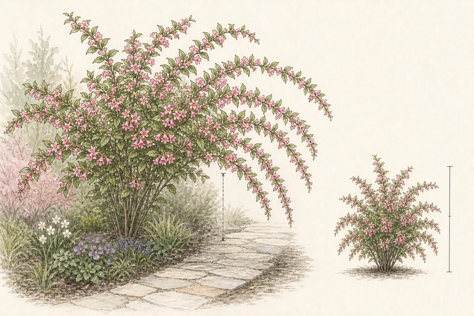 Border spacing study showing a leafy arching weigela with pink tubular flowers beside a path and at mature scale