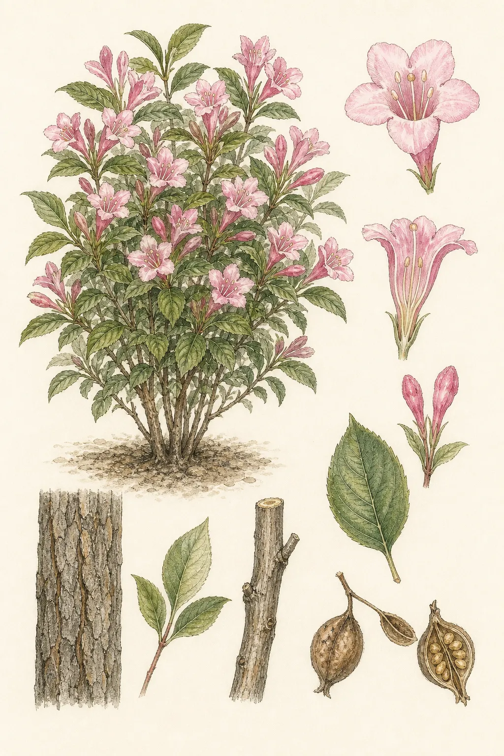 Weigela florida plate with arching shrub, opposite serrated leaves, pink funnel flowers, capsules, and older bark
