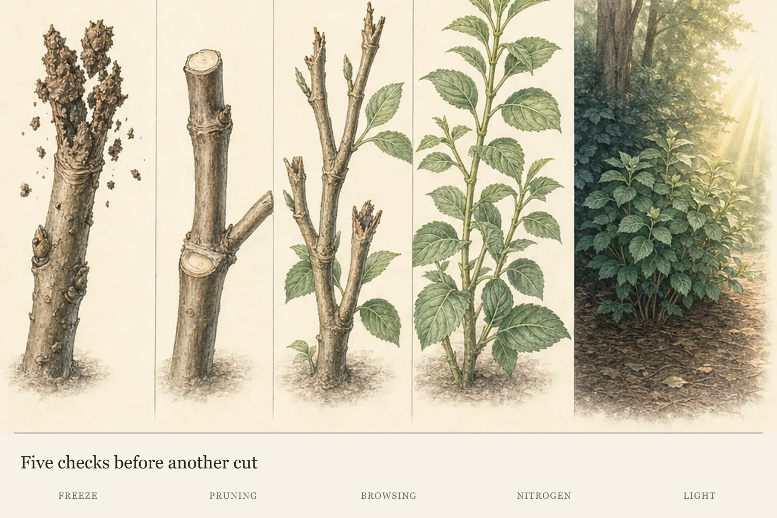 Five hydrangea clues showing freeze-damaged buds, prior heading cuts, browsed tips, soft nitrogen-rich growth and deep shade